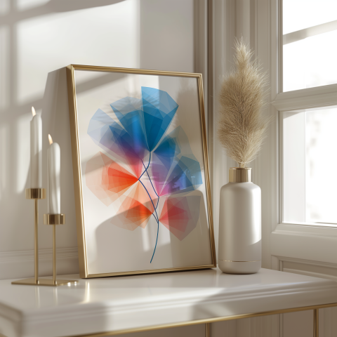 This layered fractal flower art in blue and red color combinations