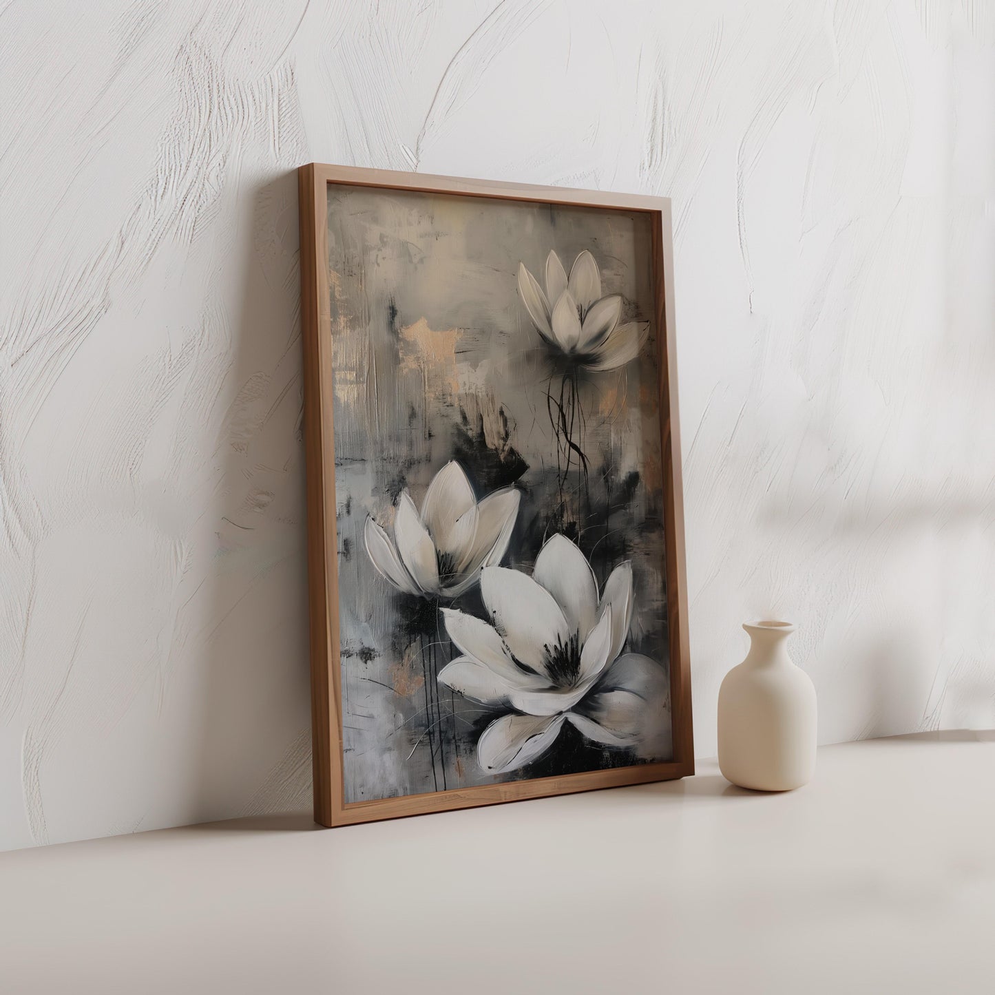 White Flower Abstract Poster – Grey and Beige Contemporary Wall Art - Gold and Silver