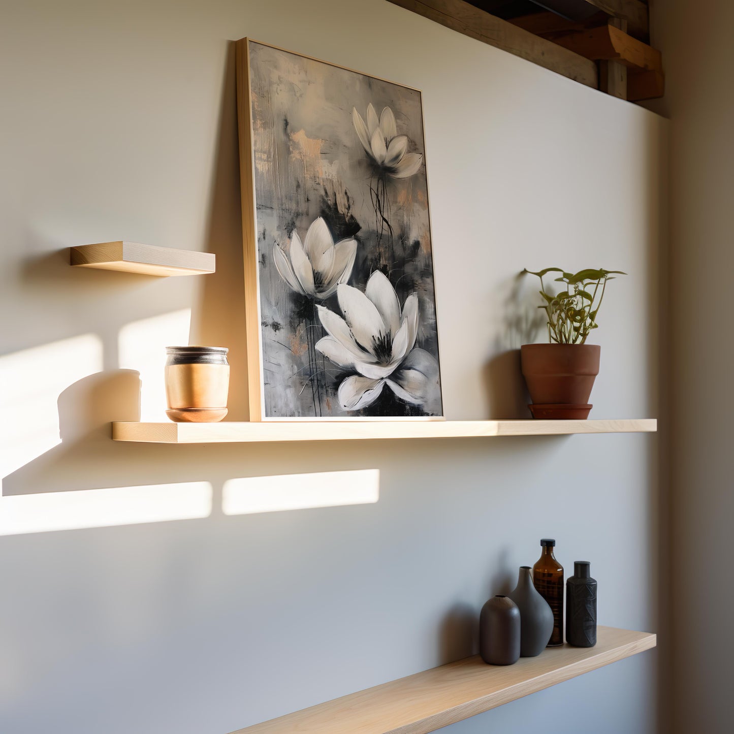 White Flower Abstract Poster – Grey and Beige Contemporary Wall Art - Gold and Silver