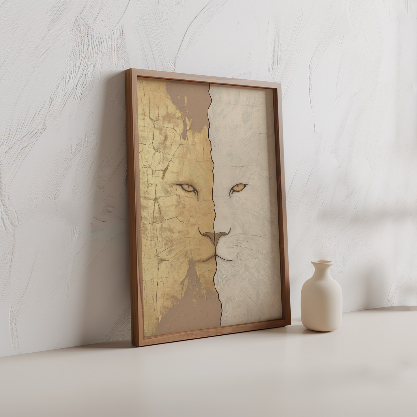Split Lion Face Poster – Abstract Wildlife Art in Golden Tones