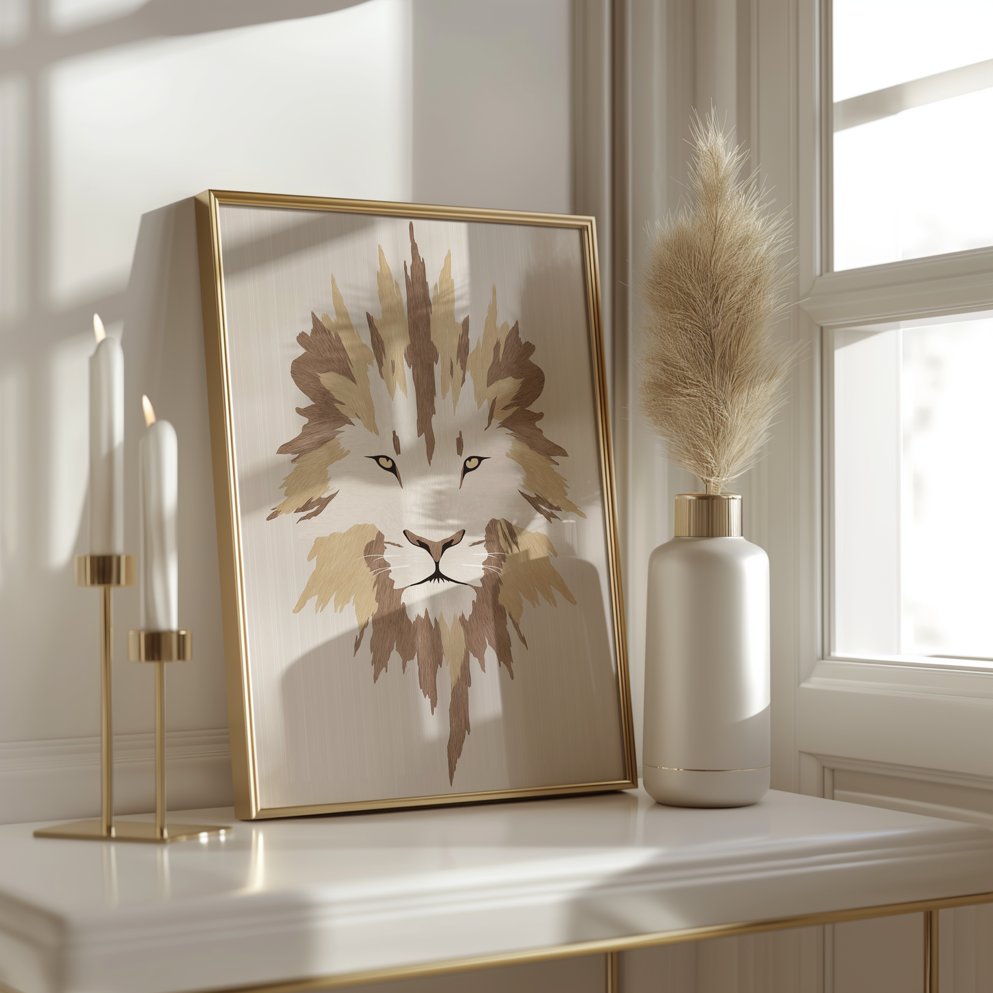 Golden Brown Lion Poster – Geometric Minimalist Art Print - Wall Art