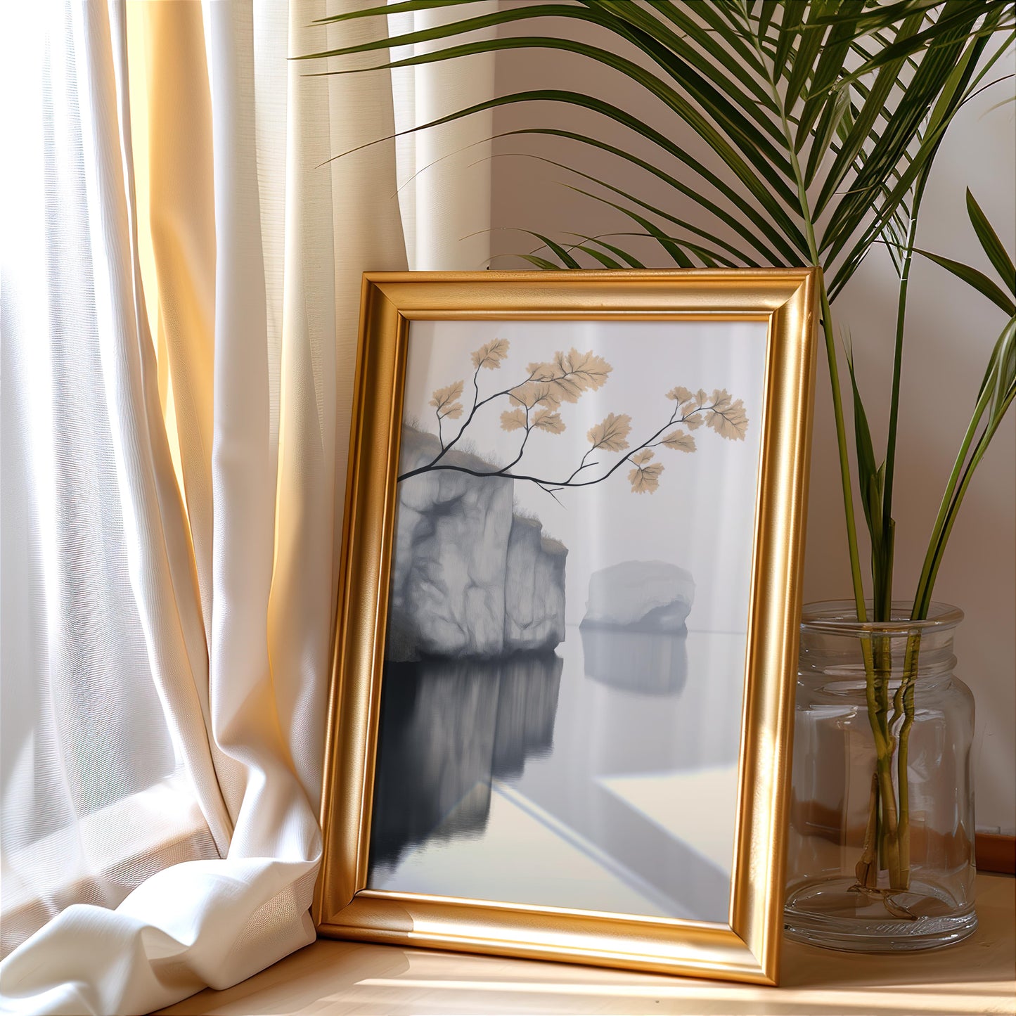 Tranquil Lakeside Reflection with Cliff Poster - Landscape Wall Art