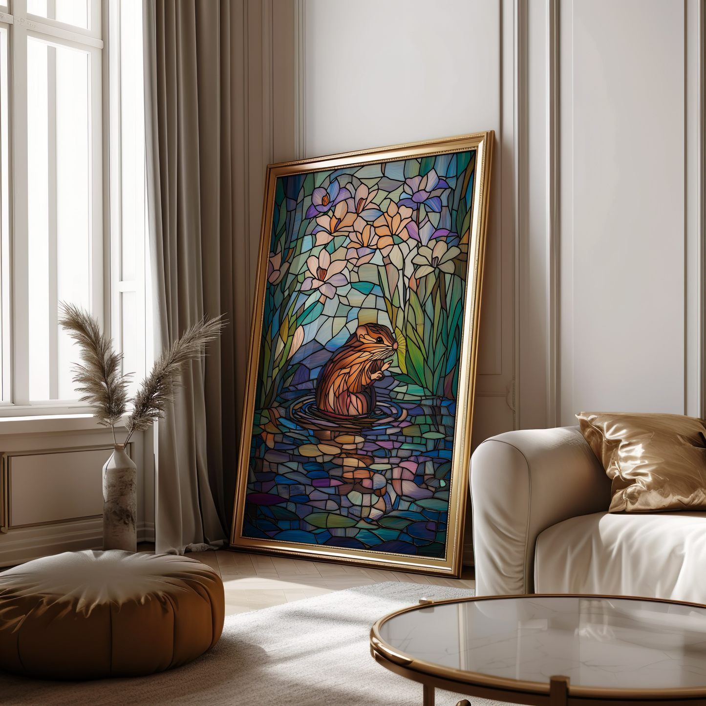 Stained Glass Animal Poster – Water Vole in Vibrant Nature Scene