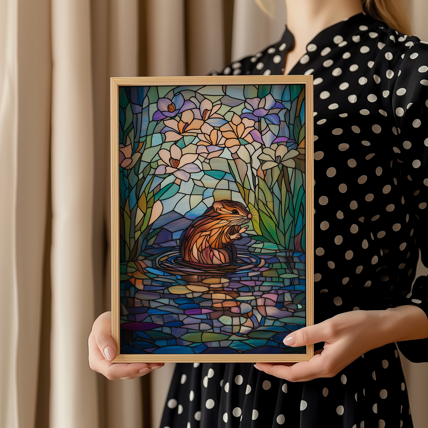 Stained Glass Animal Poster – Water Vole in Vibrant Nature Scene