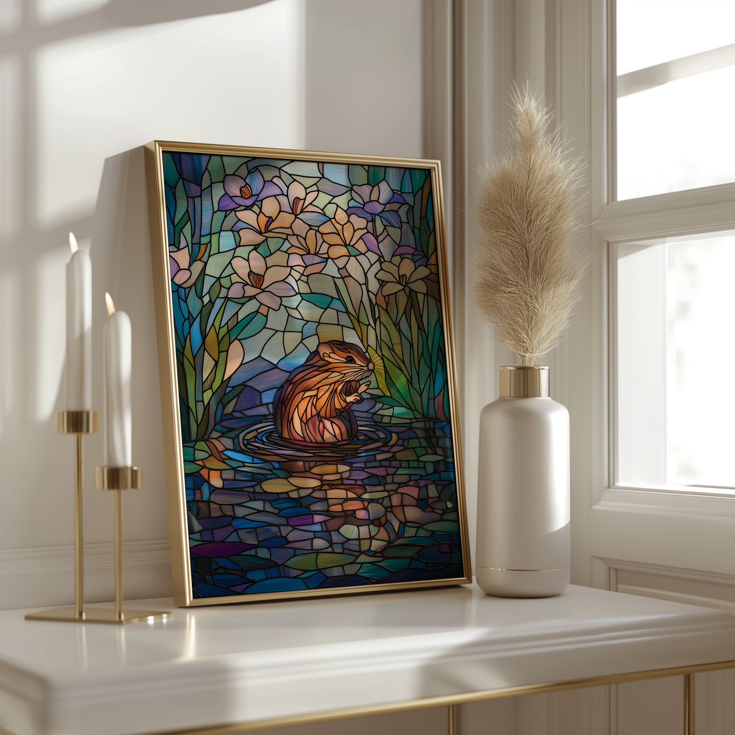Stained Glass Animal Poster – Water Vole in Vibrant Nature Scene