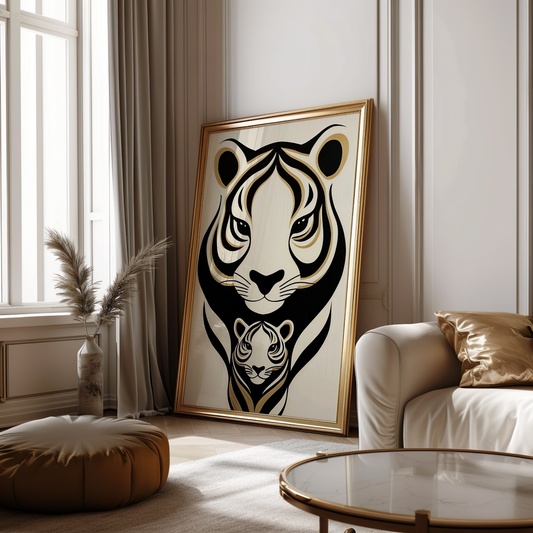 Minimalist Tiger Poster – Bold Black and Gold Animal Art, Creamy Background - Digital Print