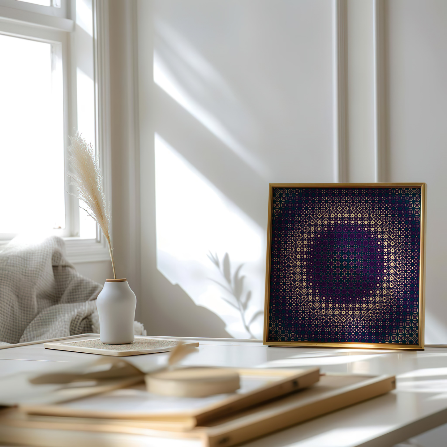 Intricate Moroccan Geometric Art in Purple and Teal – Luxurious Wall Decor