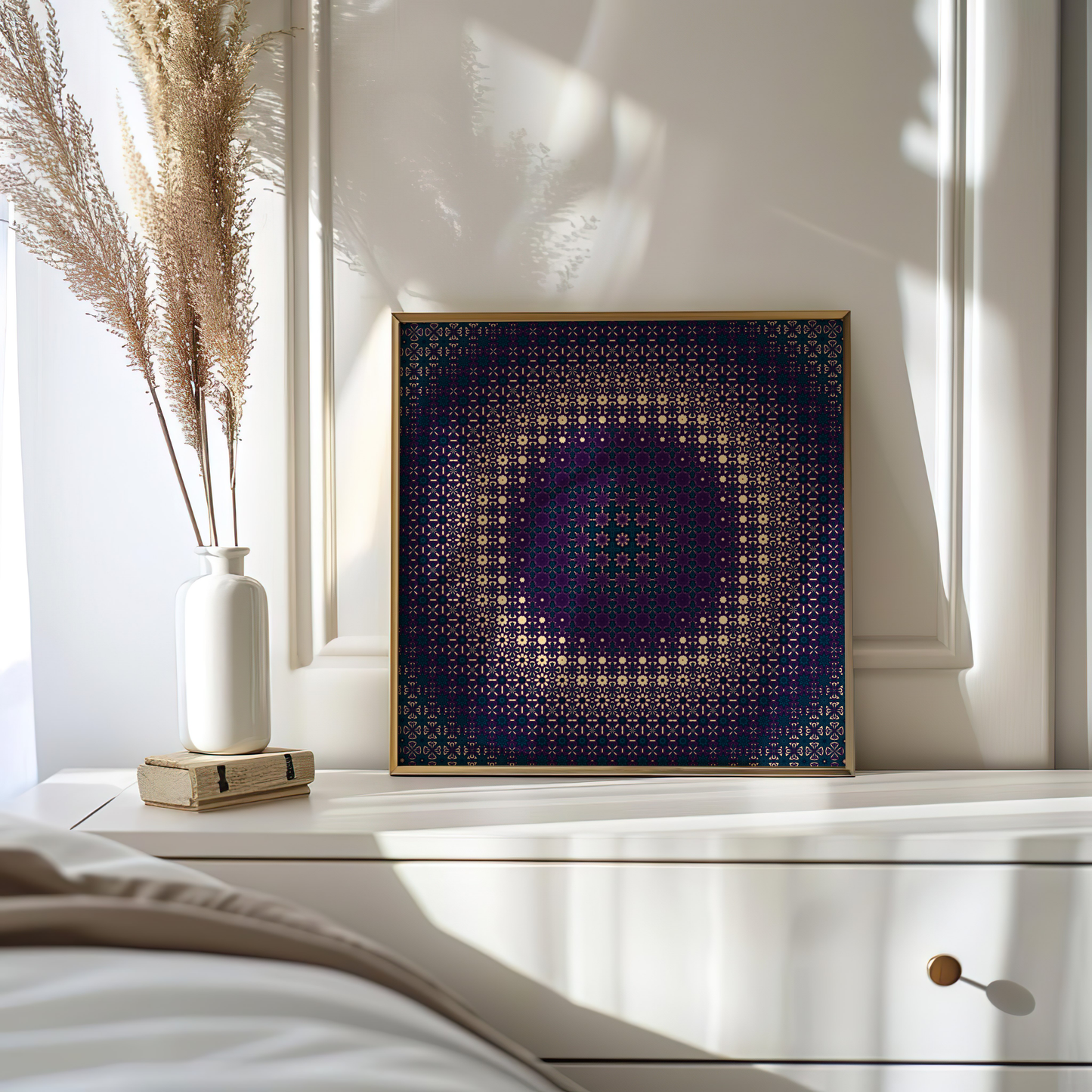 Intricate Moroccan Geometric Art in Purple and Teal – Luxurious Wall Decor