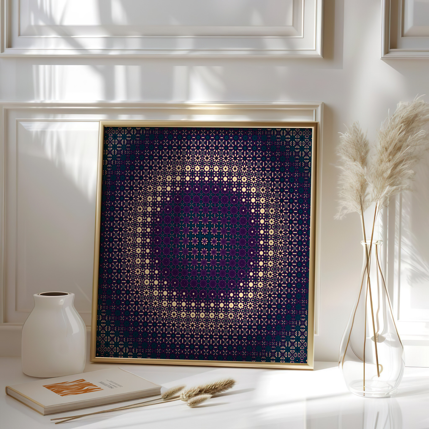 Intricate Moroccan Geometric Art in Purple and Teal – Luxurious Wall Decor