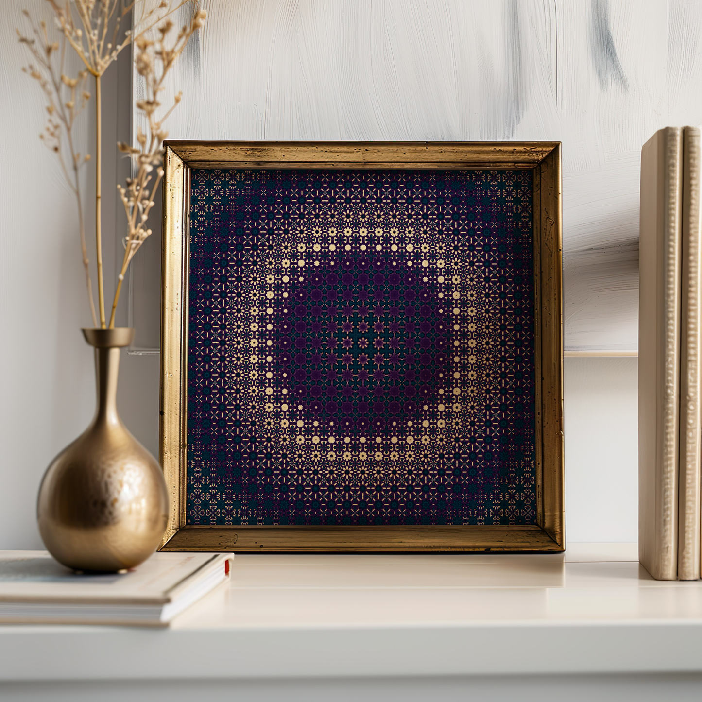 Intricate Moroccan Geometric Art in Purple and Teal – Luxurious Wall Decor