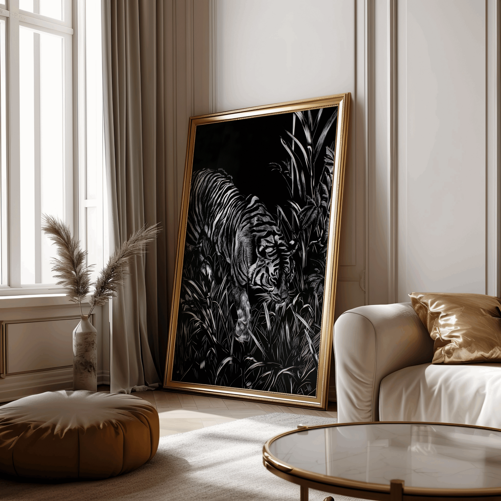 Black & Silver Tiger Poster – Minimalist Wildlife Art Print