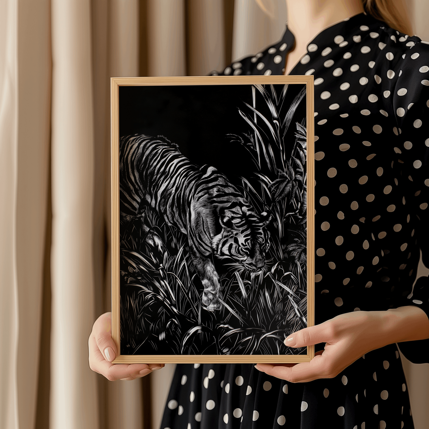 Black & Silver Tiger Poster – Minimalist Wildlife Art Print