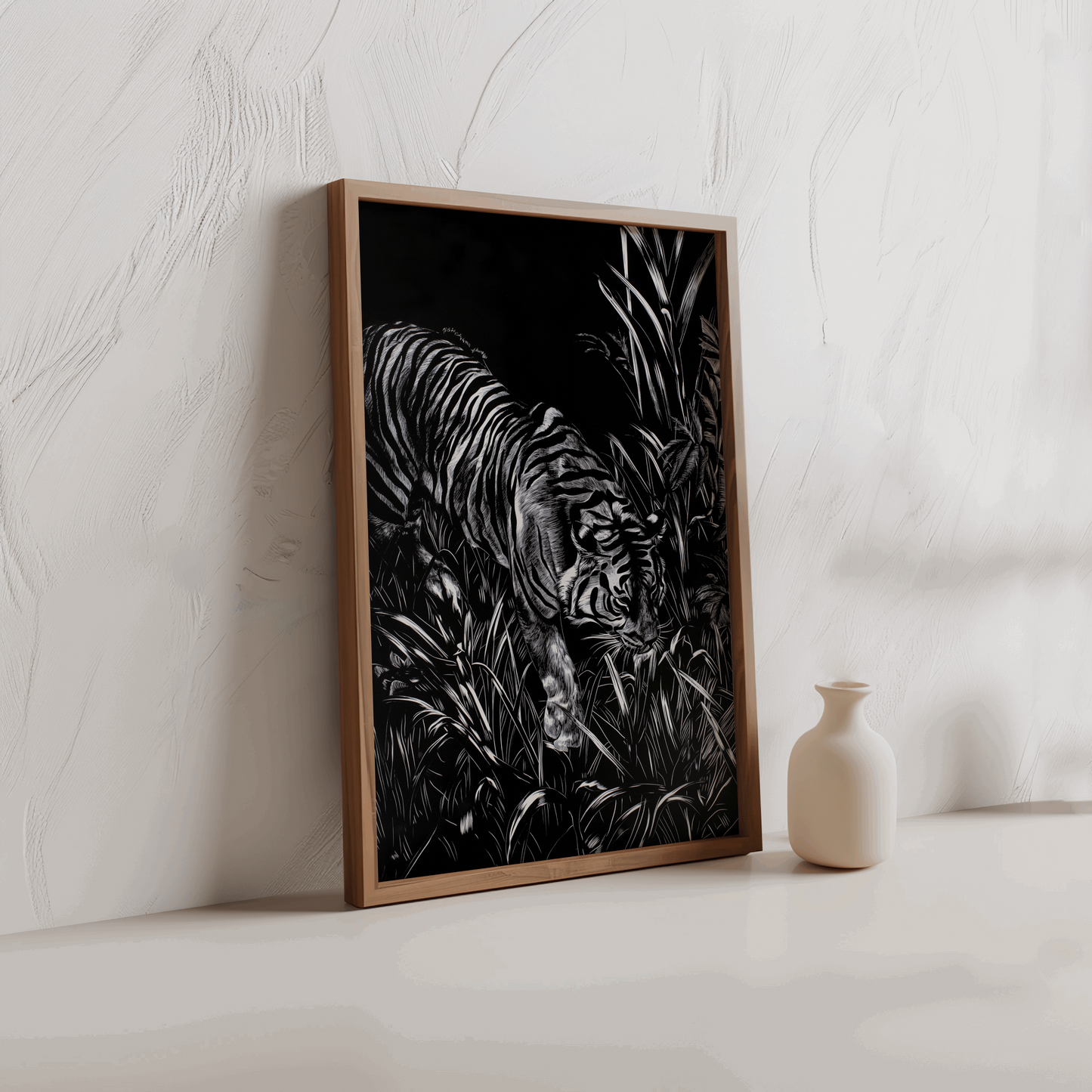 Black & Silver Tiger Poster – Minimalist Wildlife Art Print