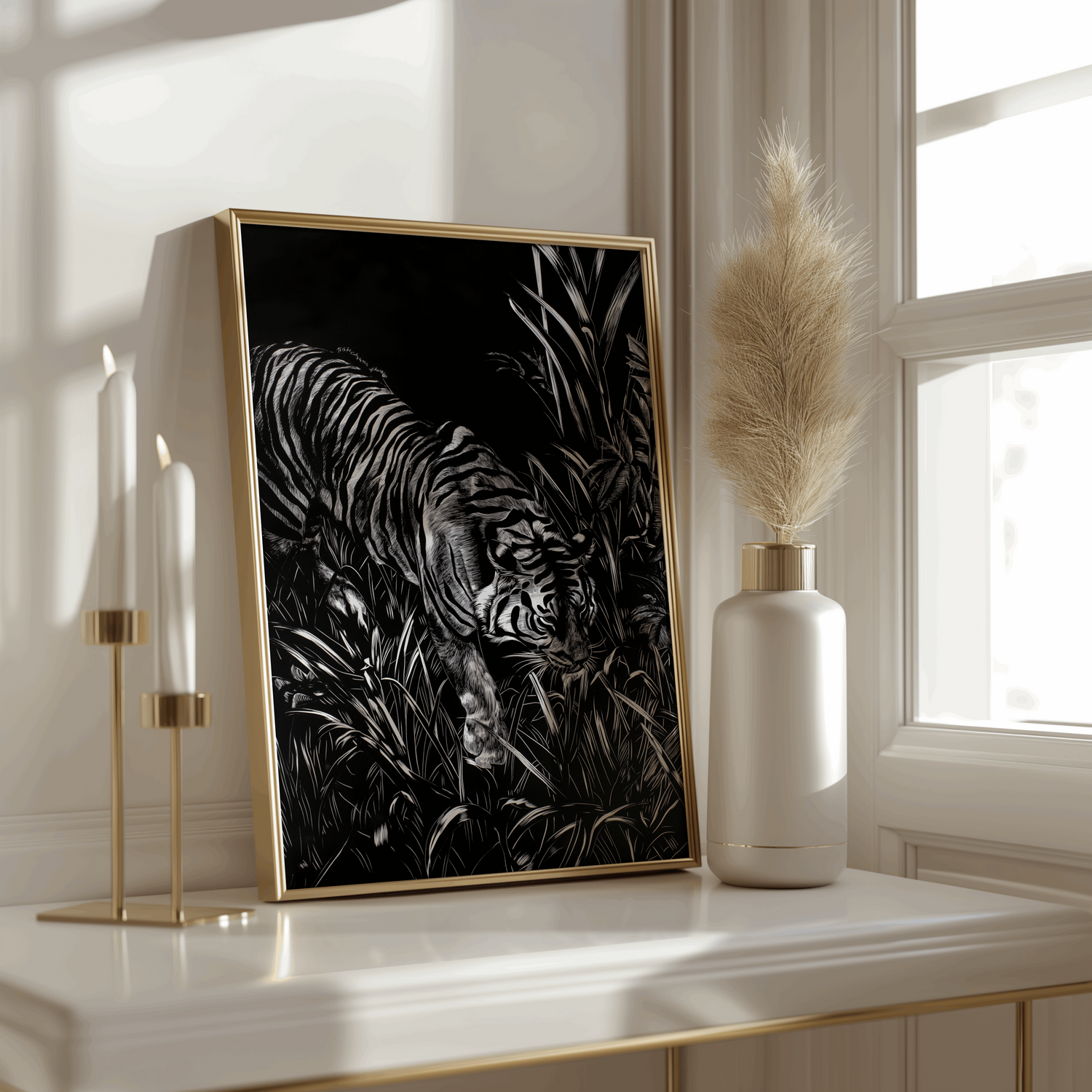 Black & Silver Tiger Poster – Minimalist Wildlife Art Print