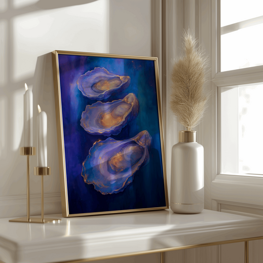 Deep Blue Oysters Poster – Elegant Abstract Coastal Art