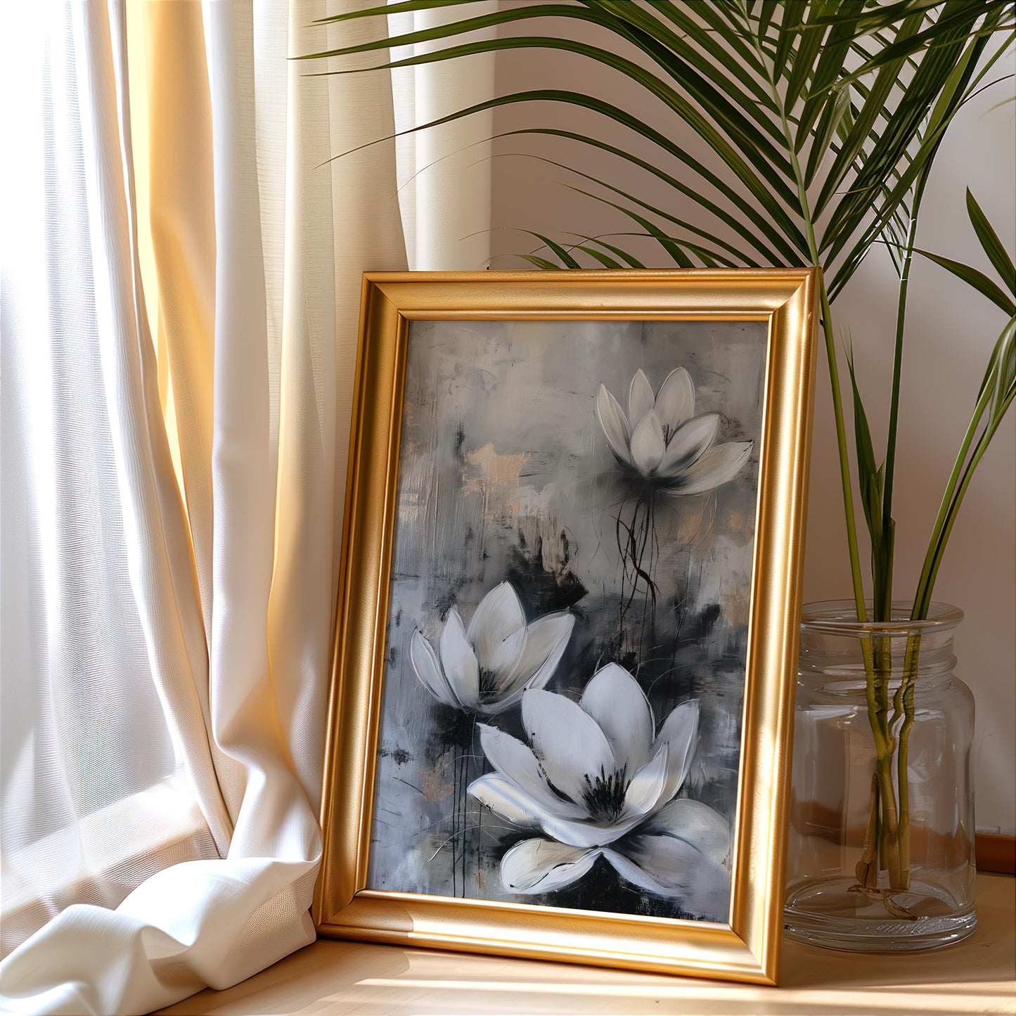 White Flower Abstract Poster – Grey and Beige Contemporary Wall Art - Gold and Silver