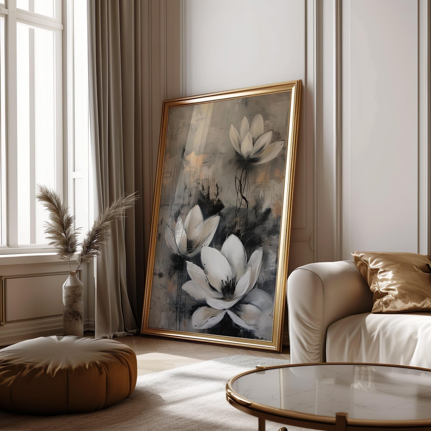 White Flower Abstract Poster – Grey and Beige Contemporary Wall Art - Gold and Silver