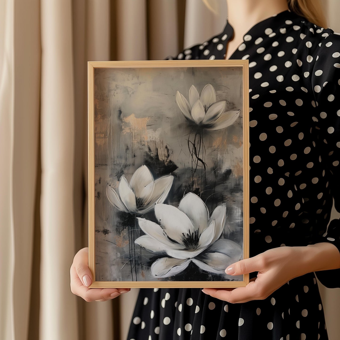 White Flower Abstract Poster – Grey and Beige Contemporary Wall Art - Gold and Silver