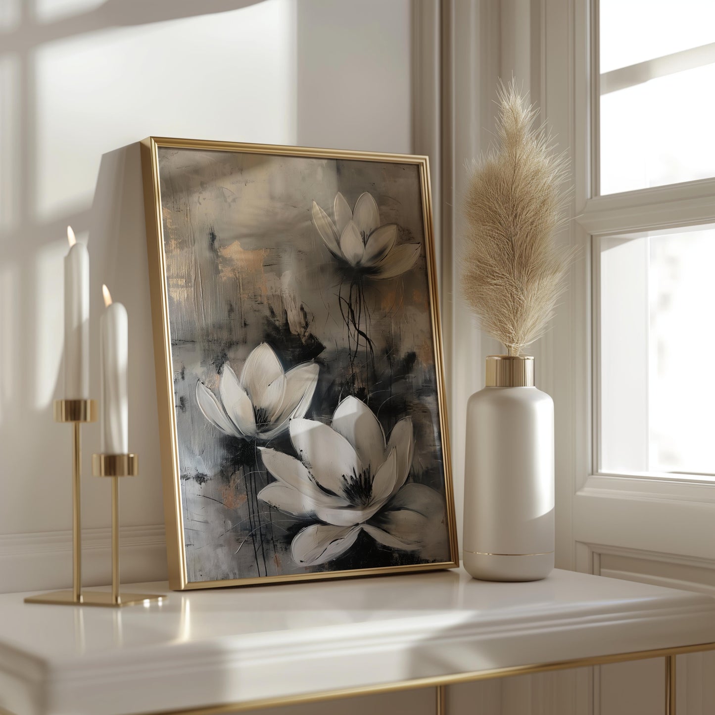 White Flower Abstract Poster – Grey and Beige Contemporary Wall Art - Gold and Silver