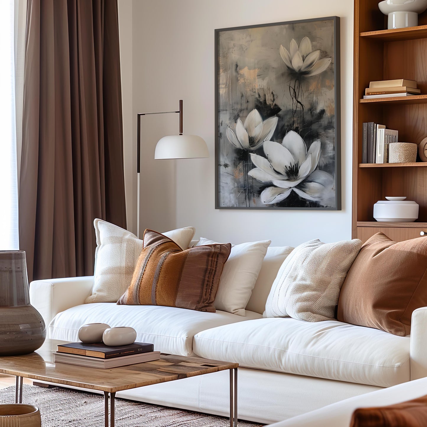 White Flower Abstract Poster – Grey and Beige Contemporary Wall Art - Gold and Silver