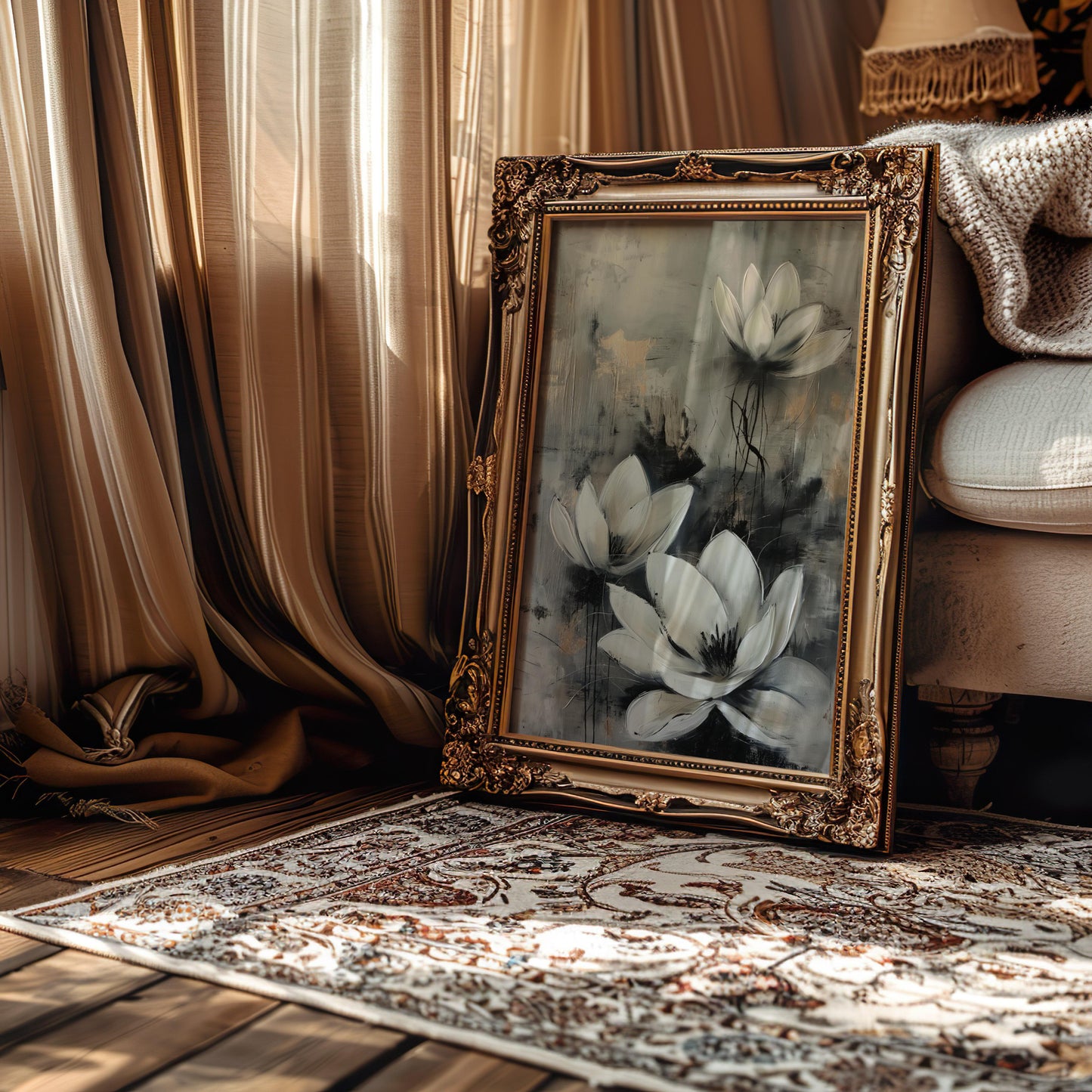 White Flower Abstract Poster – Grey and Beige Contemporary Wall Art - Gold and Silver