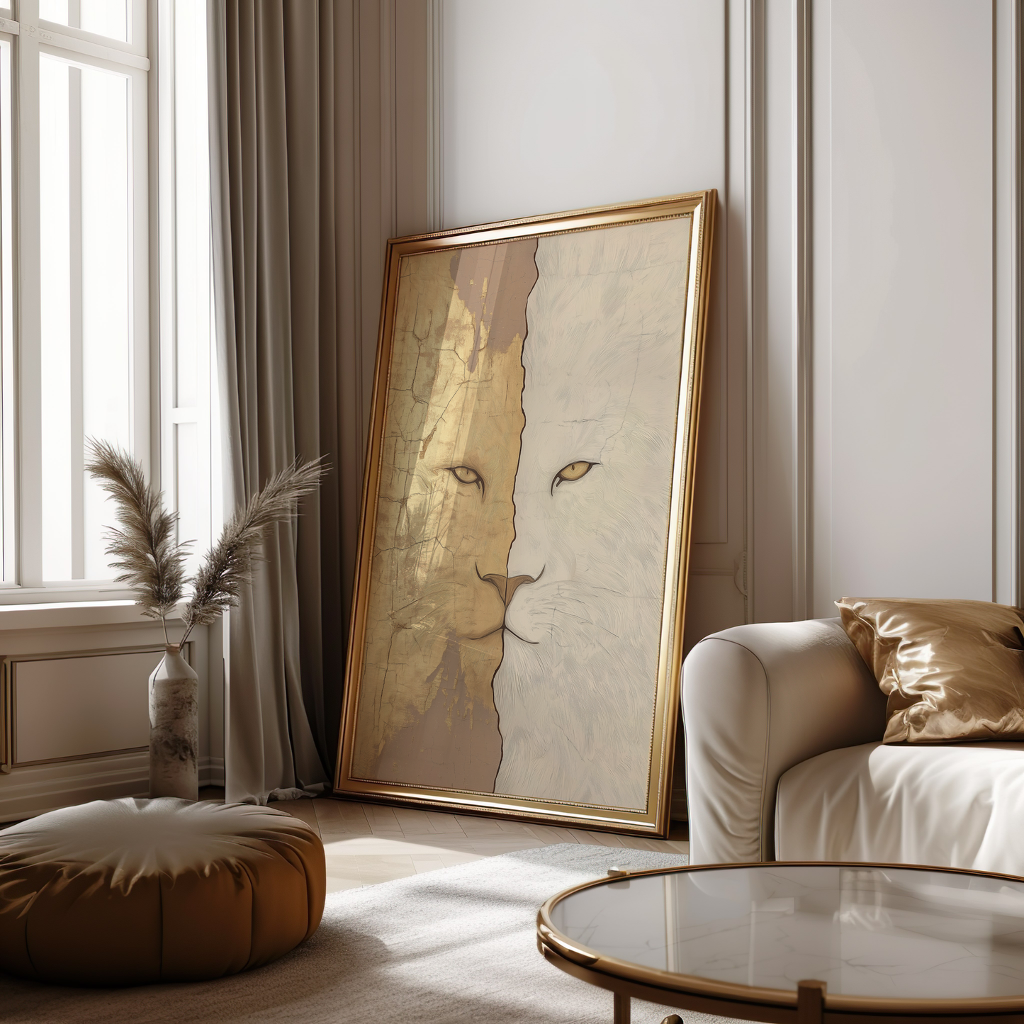 Split Lion Face Poster – Abstract Wildlife Art in Golden Tones