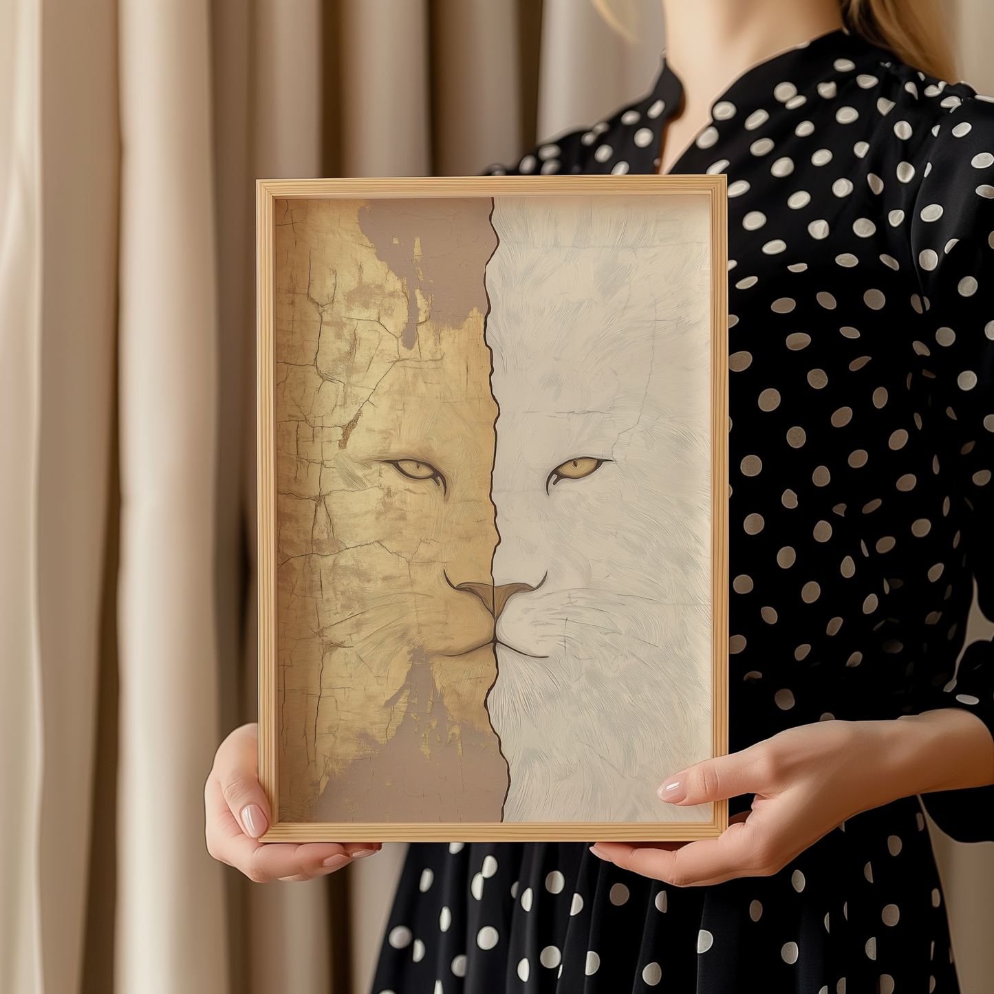 Split Lion Face Poster – Abstract Wildlife Art in Golden Tones