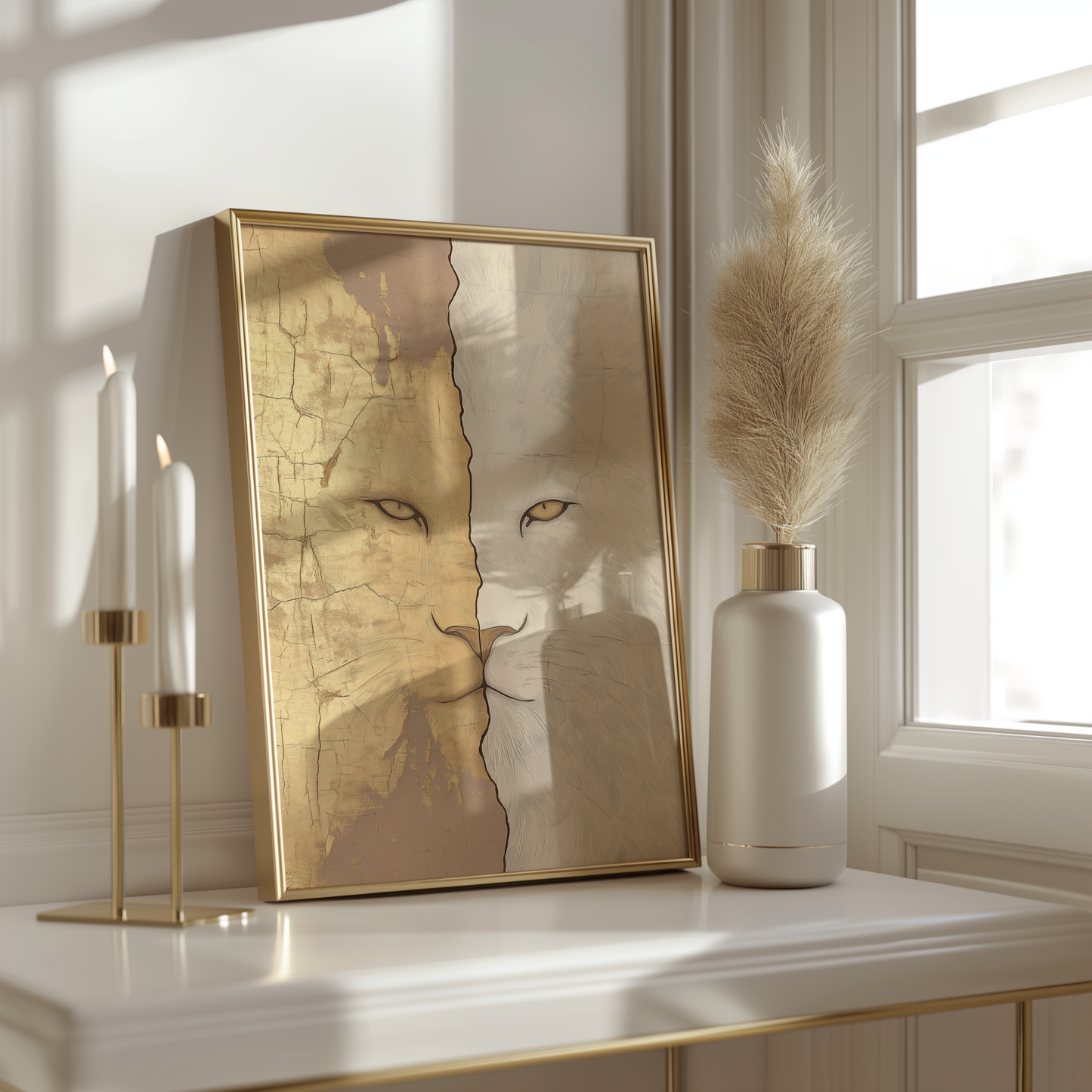 Split Lion Face Poster – Abstract Wildlife Art in Golden Tones