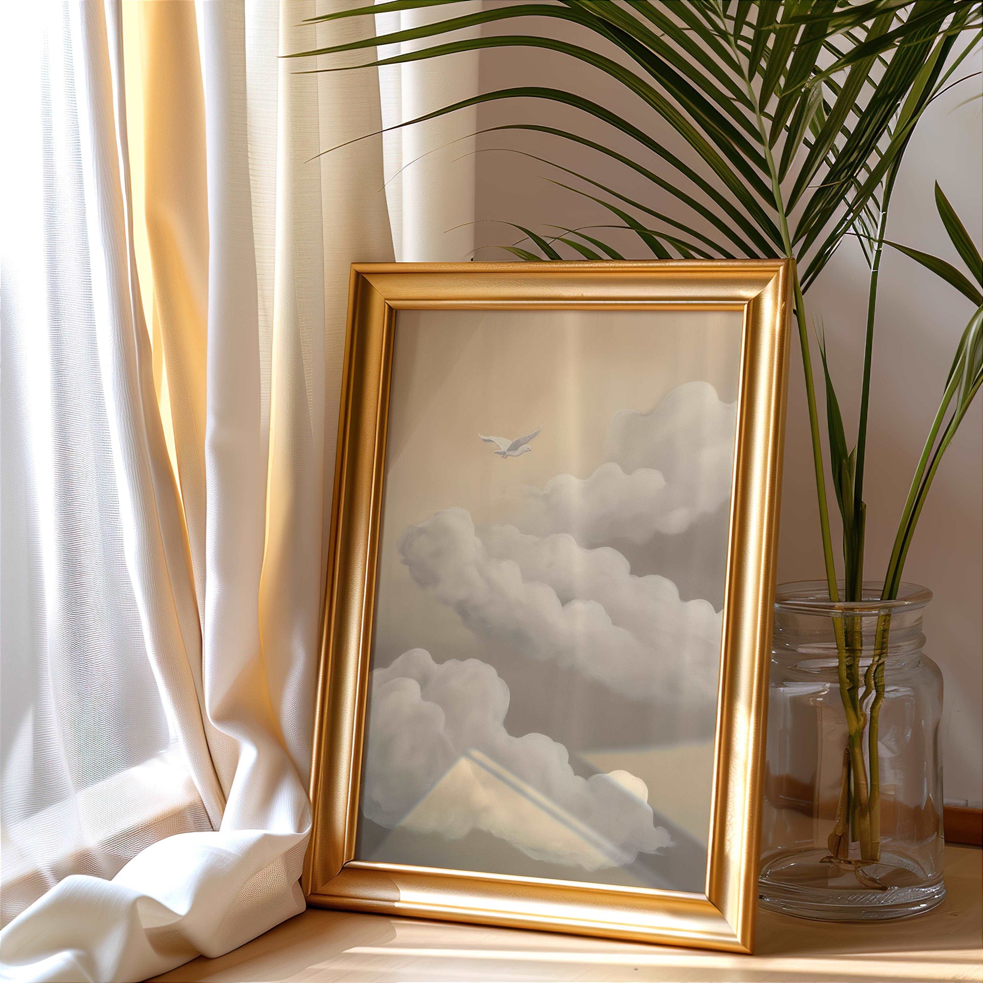 Dove in the Clouds Minimalist Poster - Dreamy Beige Brown Wall Art