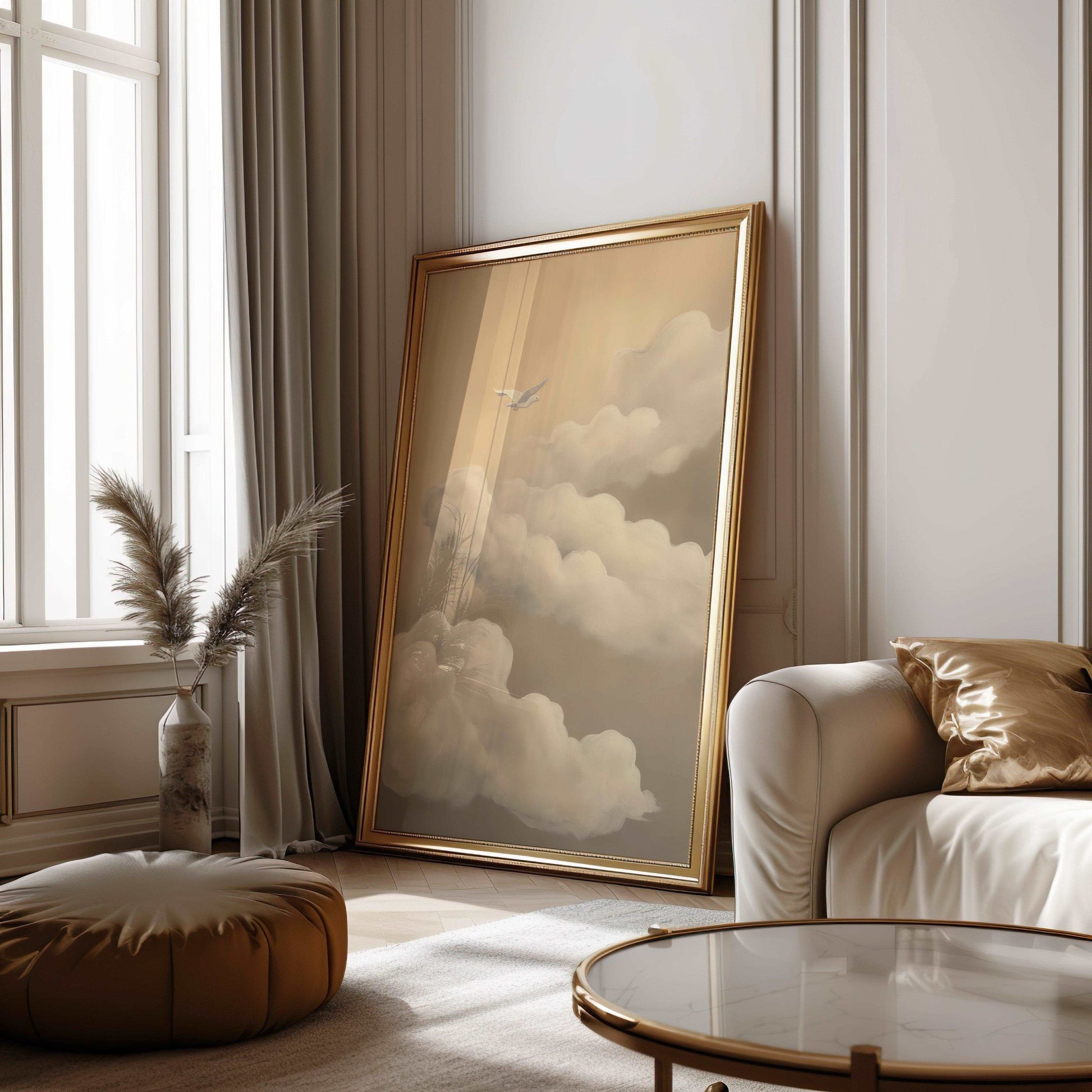Dove in the Clouds Minimalist Poster - Dreamy Beige Brown Wall Art
