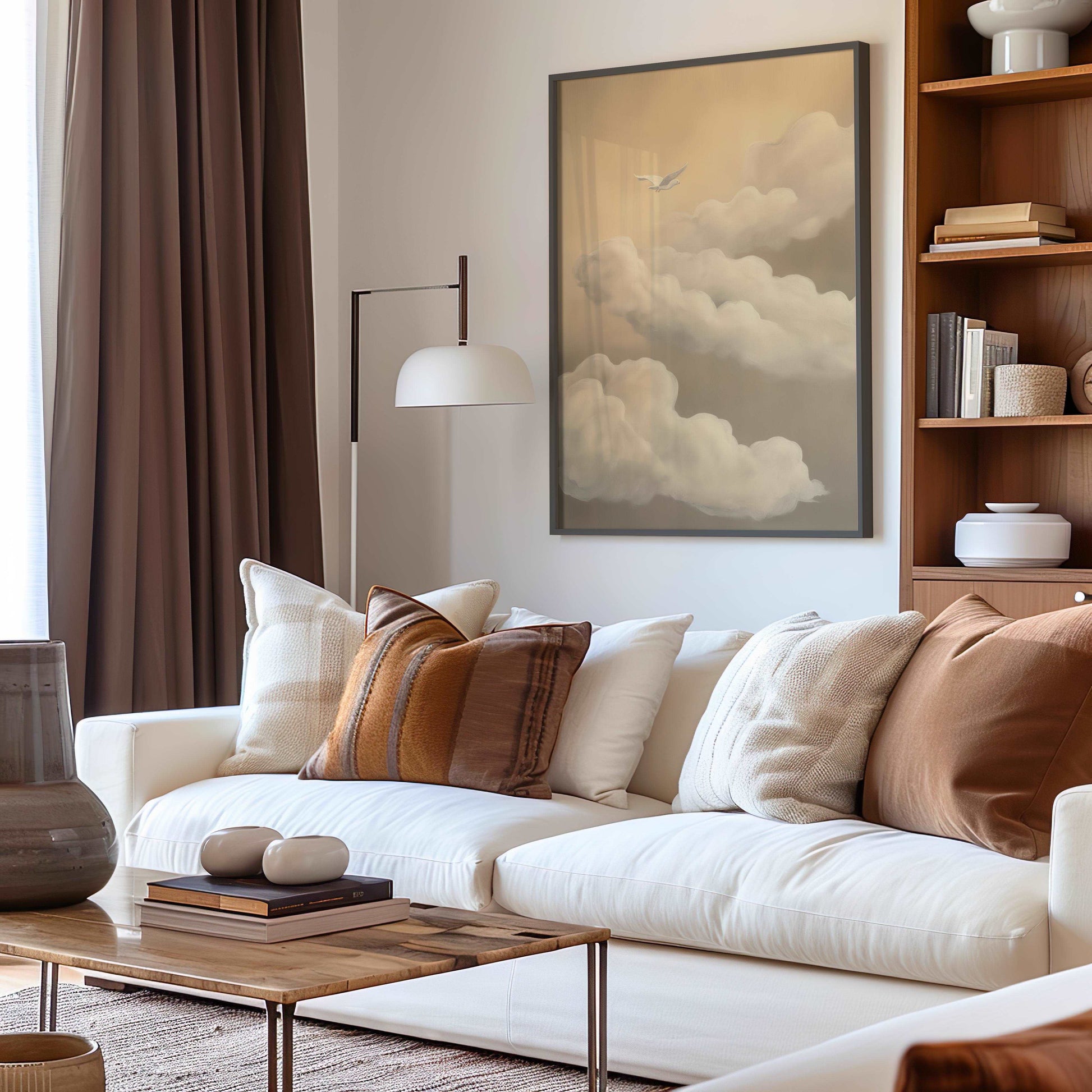 Dove in the Clouds Minimalist Poster - Dreamy Beige Brown Wall Art