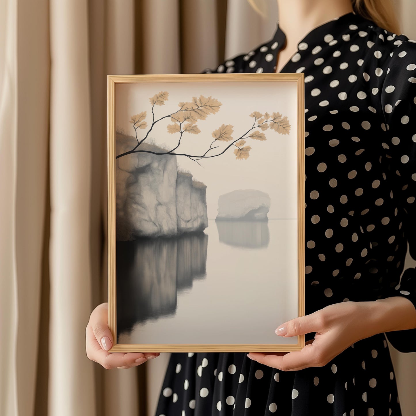 Tranquil Lakeside Reflection with Cliff Poster - Landscape Wall Art