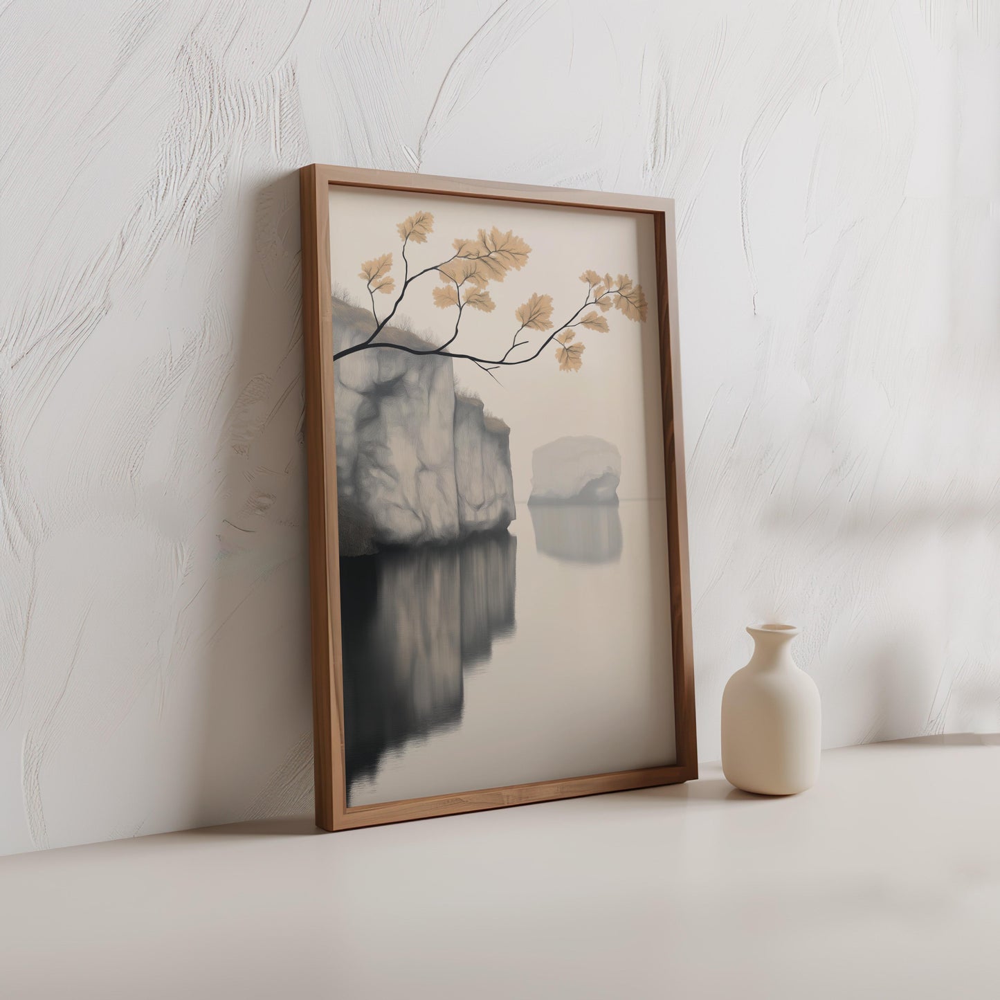 Tranquil Lakeside Reflection with Cliff Poster - Landscape Wall Art