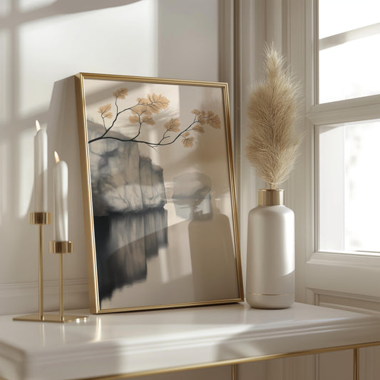 Tranquil Lakeside Reflection with Cliff Poster - Landscape Wall Art