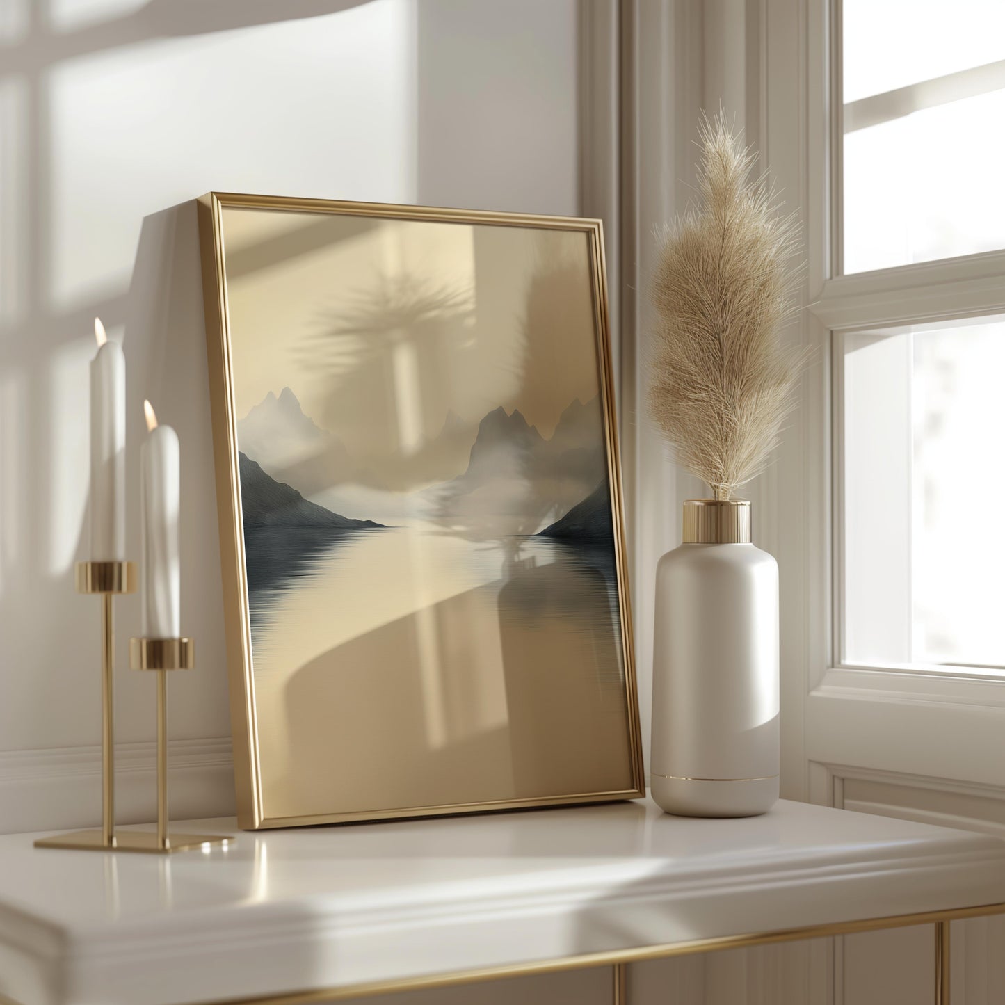 Distant Mountains with Golden Reflections Poster - Landscape Wall Art