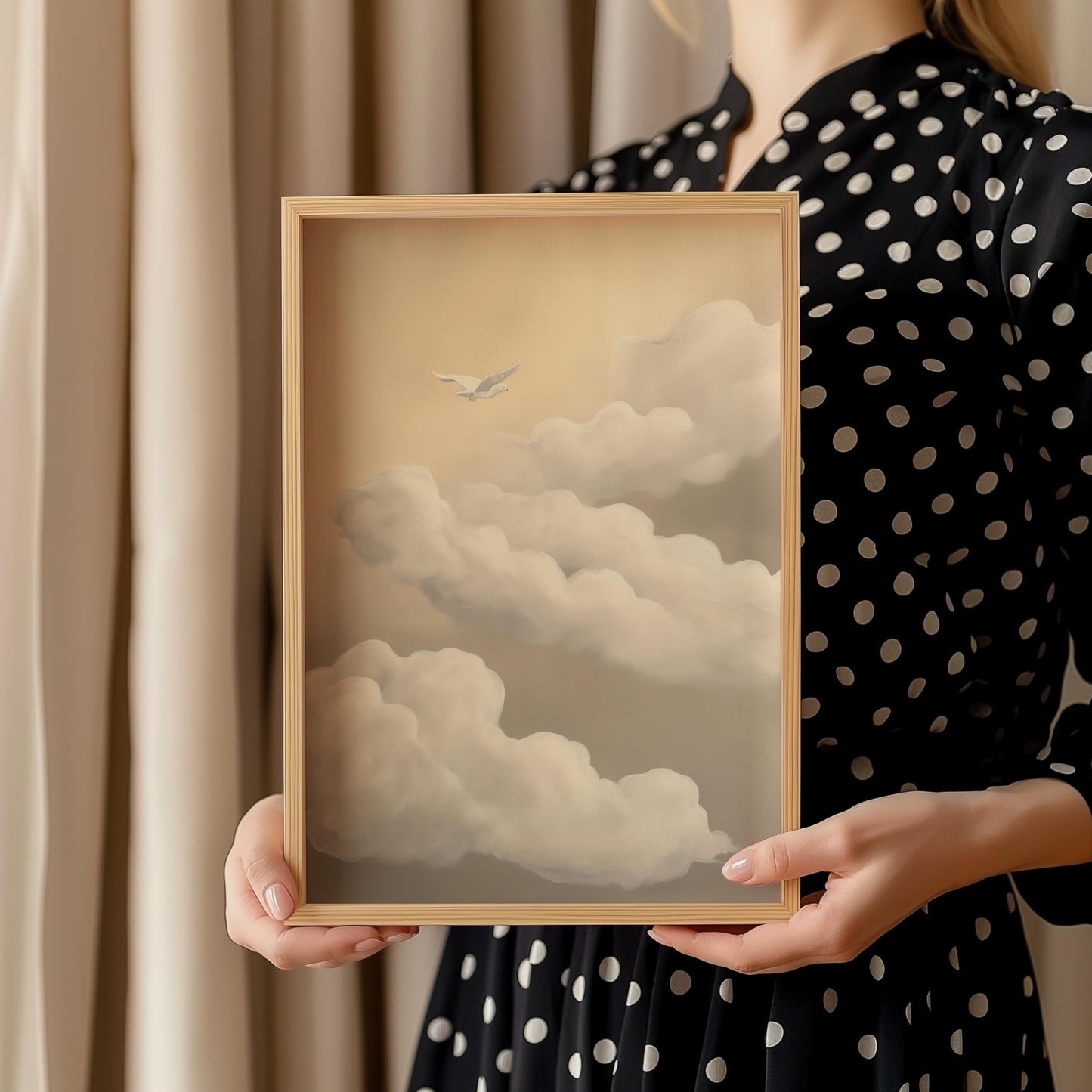 Dove in the Clouds Minimalist Poster - Dreamy Beige Brown Wall Art