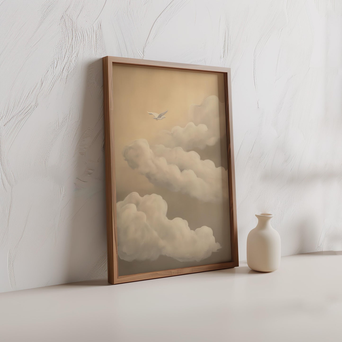 Dove in the Clouds Minimalist Poster - Dreamy Beige Brown Wall Art