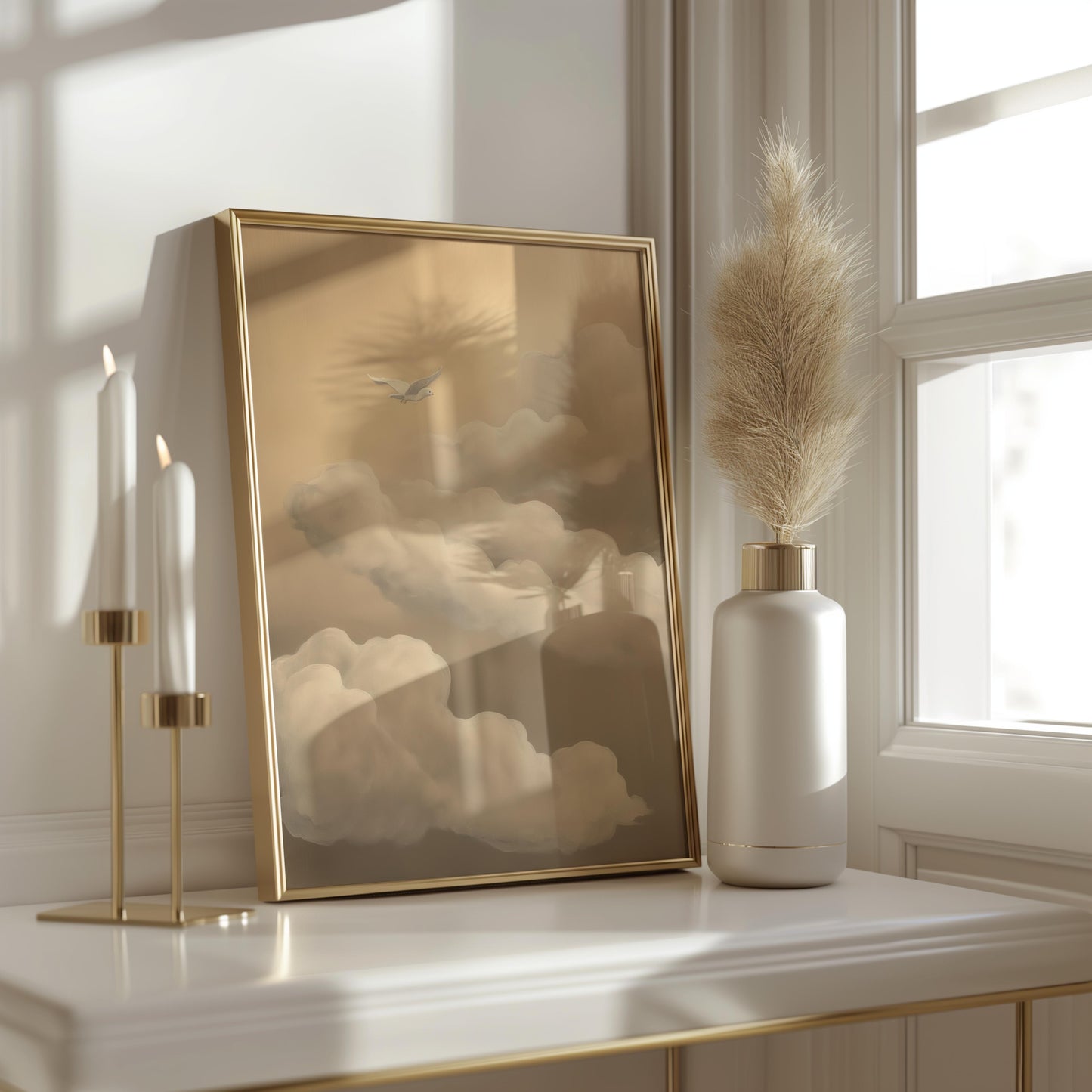 Dove in the Clouds Minimalist Poster - Dreamy Beige Brown Wall Art