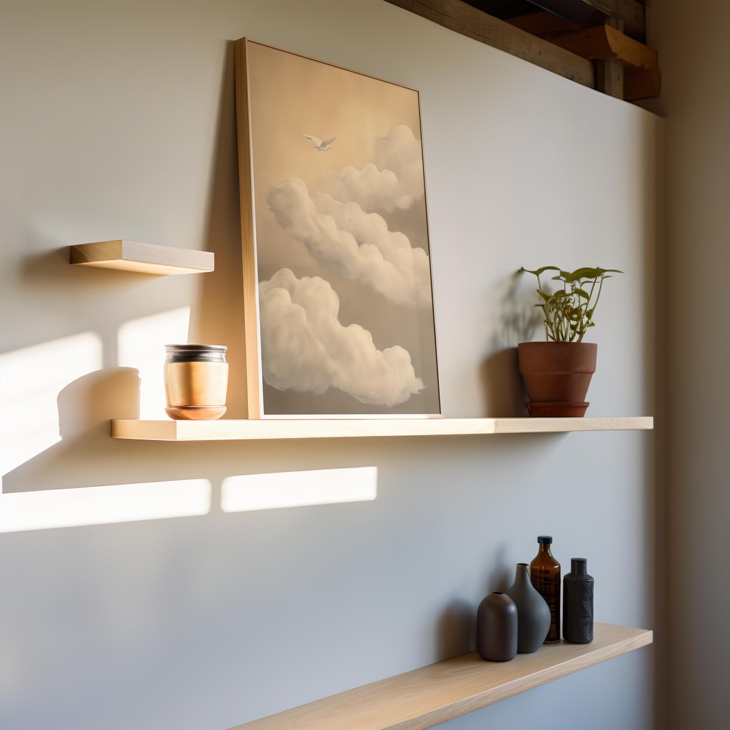 Dove in the Clouds Minimalist Poster - Dreamy Beige Brown Wall Art