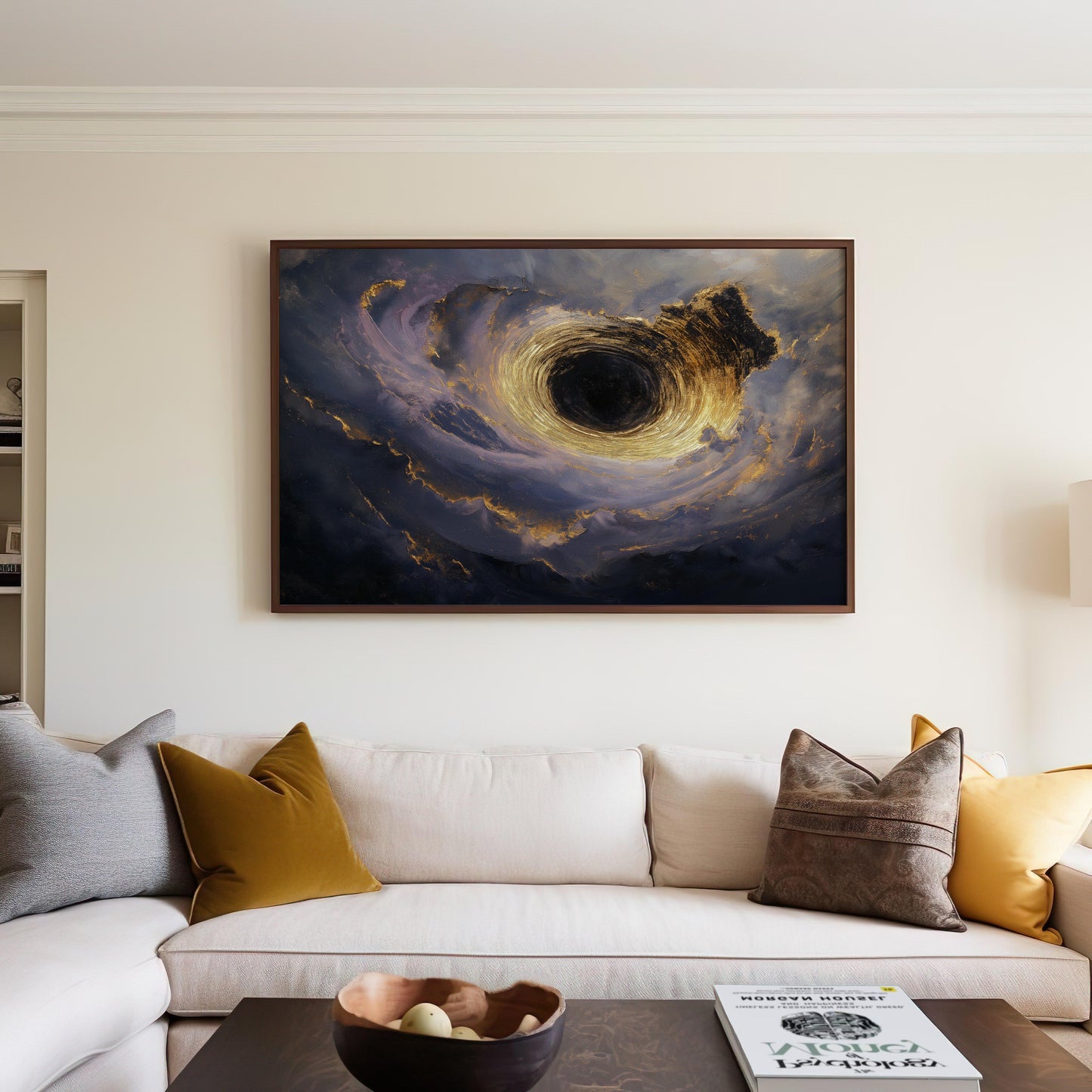 Ethereal Black Hole Artwork with Golden Swirls - Wall Art