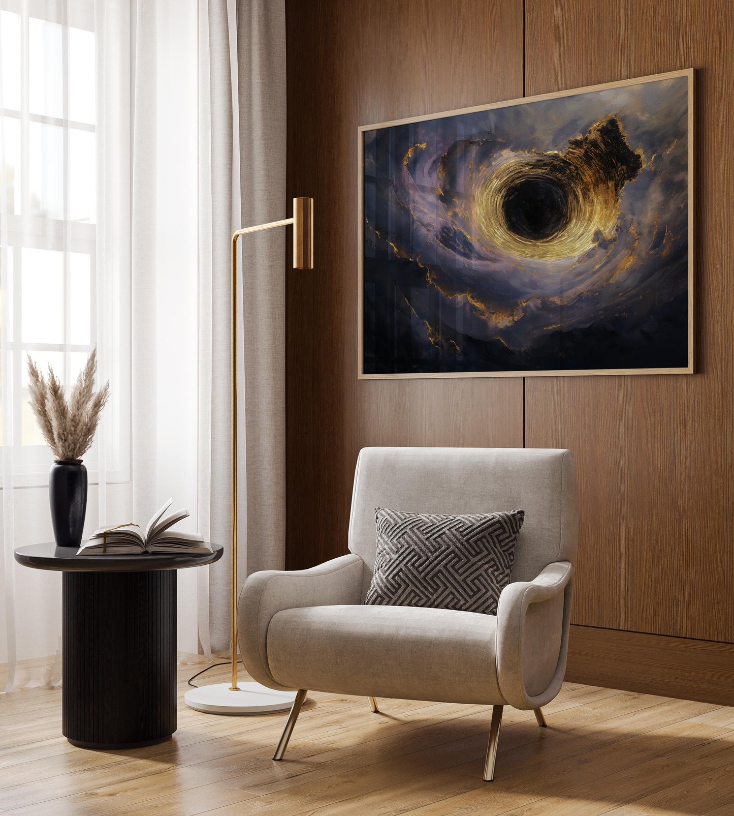 Ethereal Black Hole Artwork with Golden Swirls - Wall Art