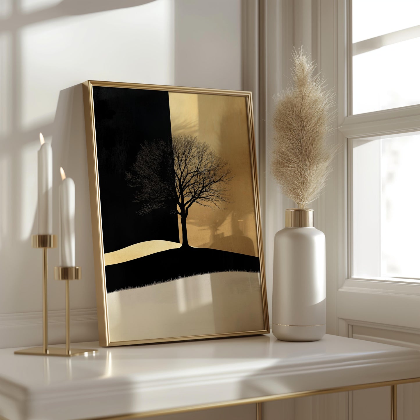Golden and Black Minimalist Tree Art Poster