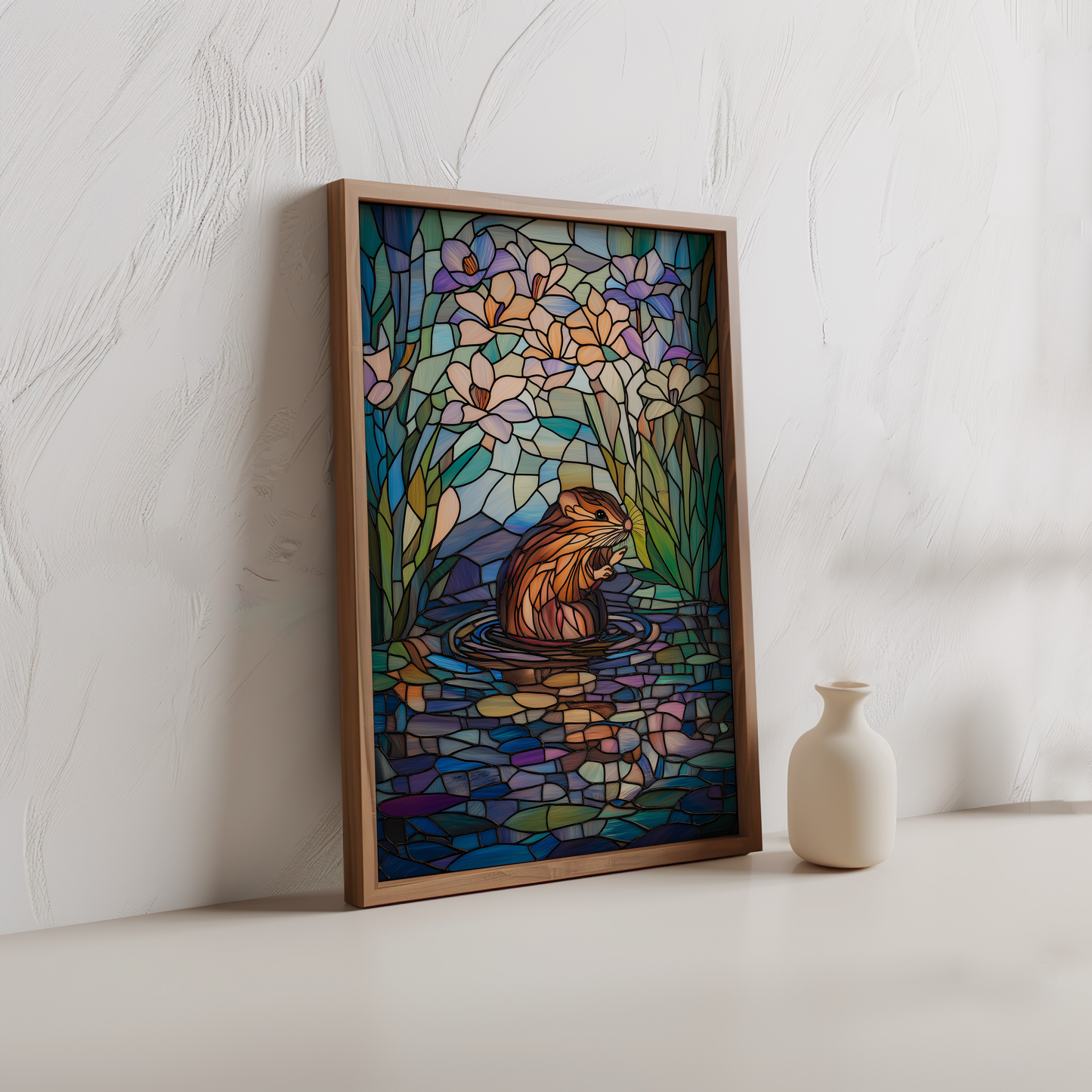 Stained Glass Animal Poster – Water Vole in Vibrant Nature Scene
