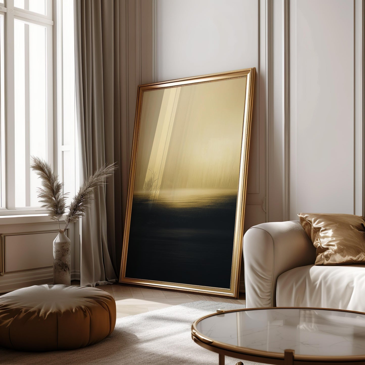 Golden Horizon Abstract Poster – Minimalist Art in Gold and Black Tones