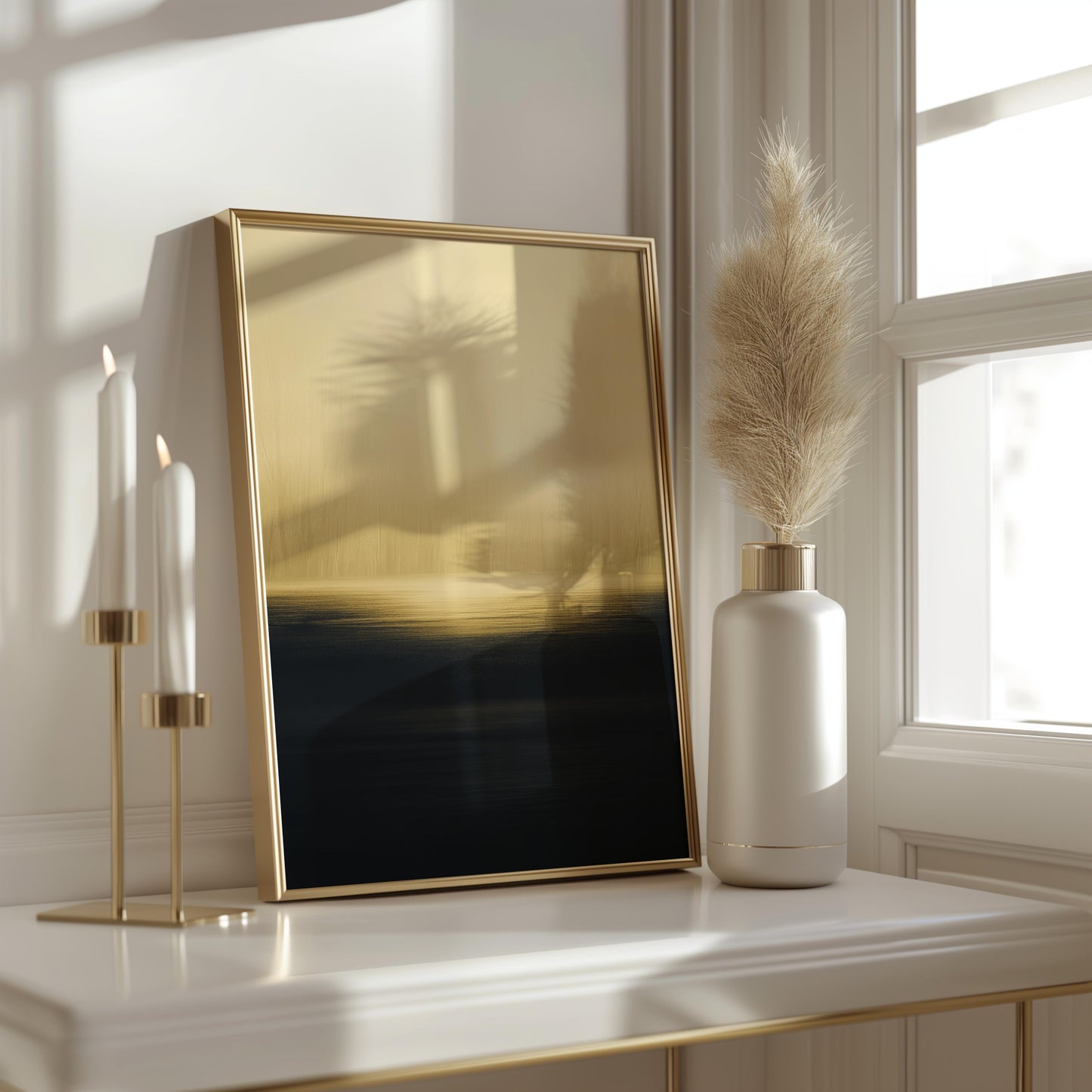 Golden Horizon Abstract Poster – Minimalist Art in Gold and Black Tones