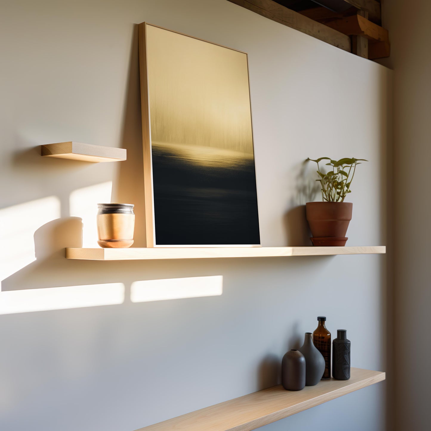 Golden Horizon Abstract Poster – Minimalist Art in Gold and Black Tones