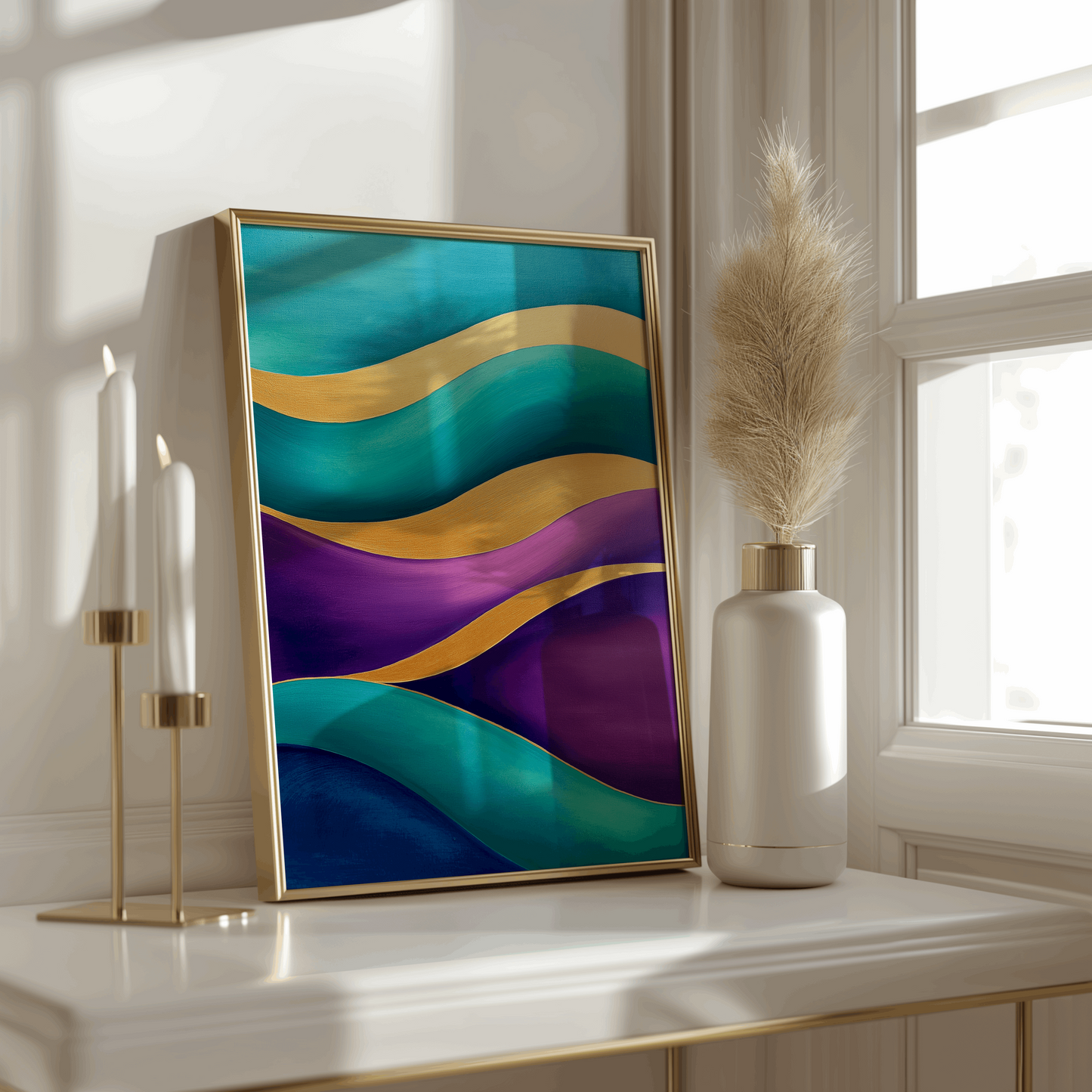 Abstract Wave Art - Teal, Magenta gold Wall Art - Digital Print