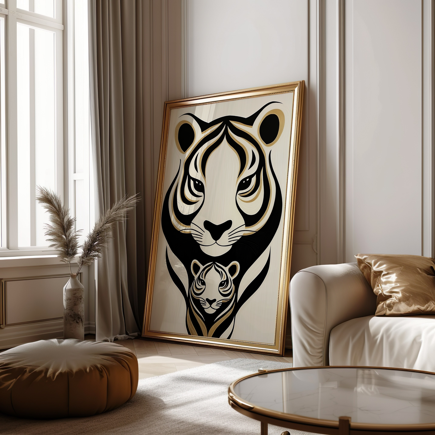 Minimalist Tiger Poster – Bold Black and Gold Animal Art, Creamy Background - Digital Print