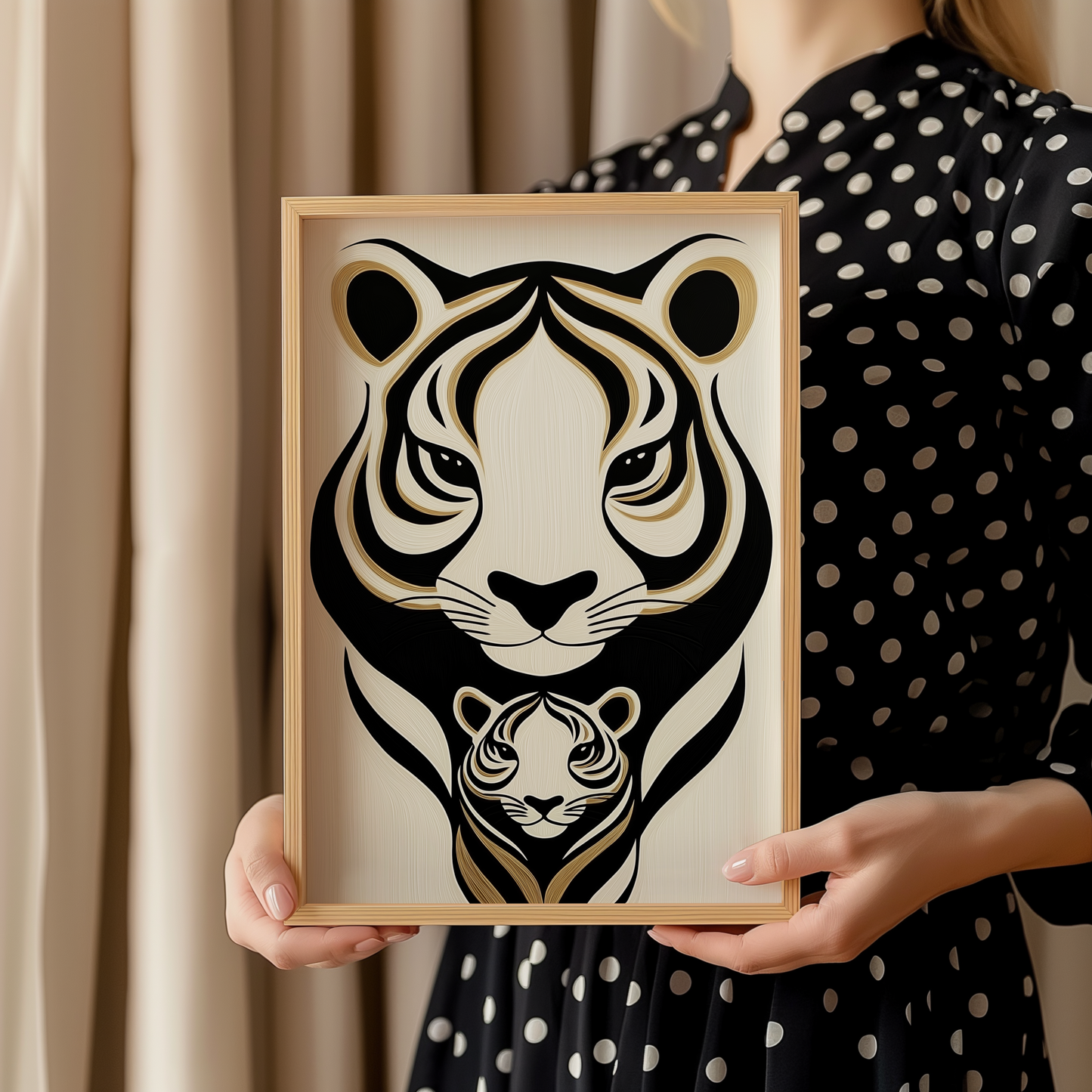 Minimalist Tiger Poster – Bold Black and Gold Animal Art, Creamy Background - Digital Print