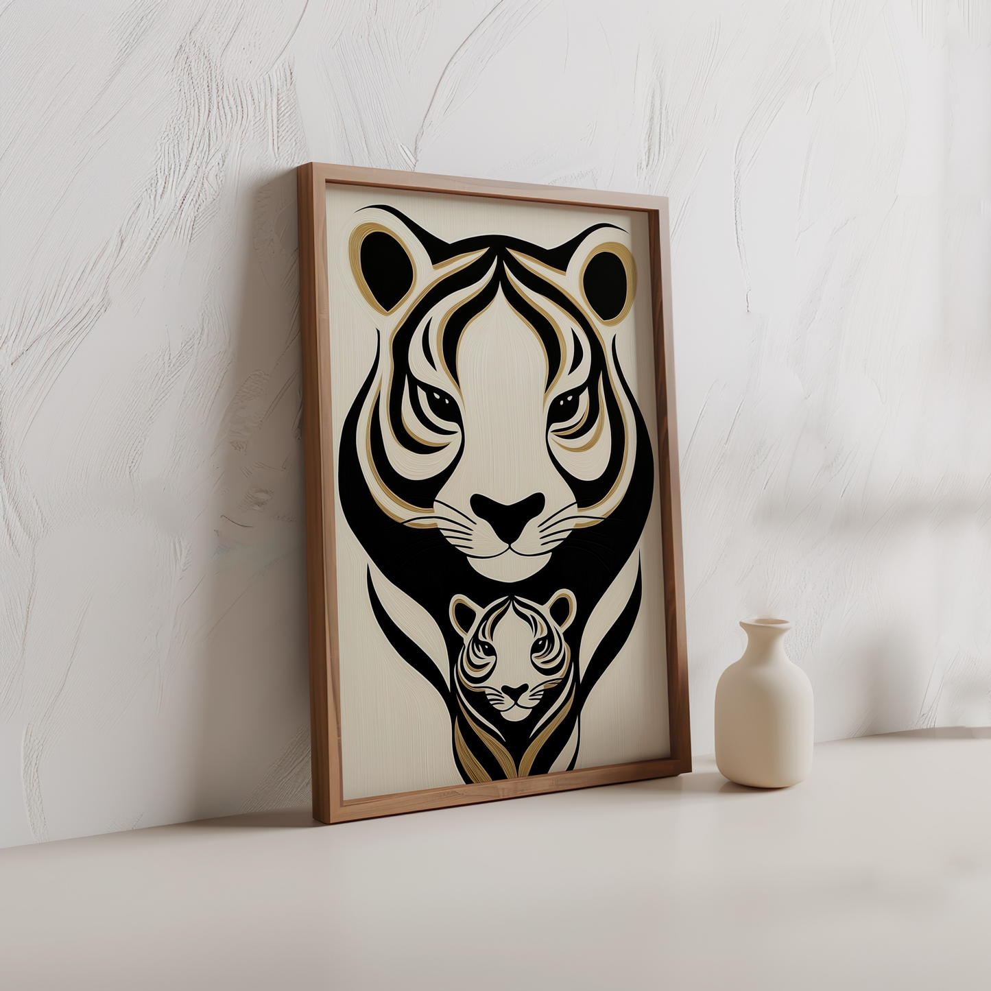 Minimalist Tiger Poster – Bold Black and Gold Animal Art, Creamy Background - Digital Print